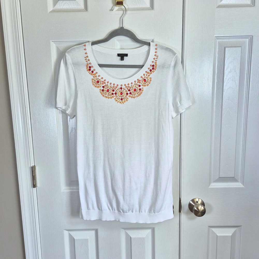 Talbots‎ white short sleeve top with red orange rhinestone jewel womens large
